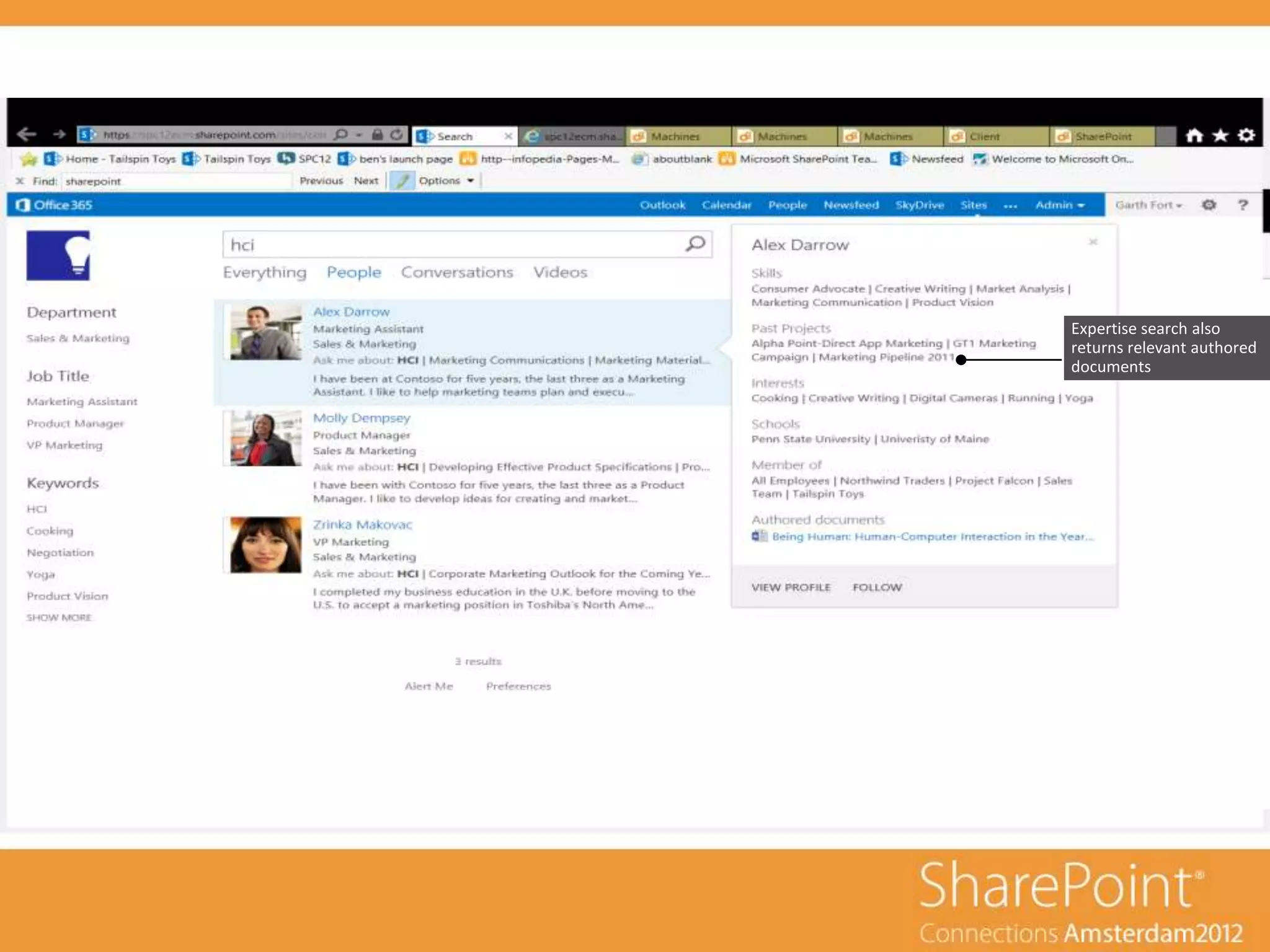 Expertise search also
returns relevant authored
documents
 