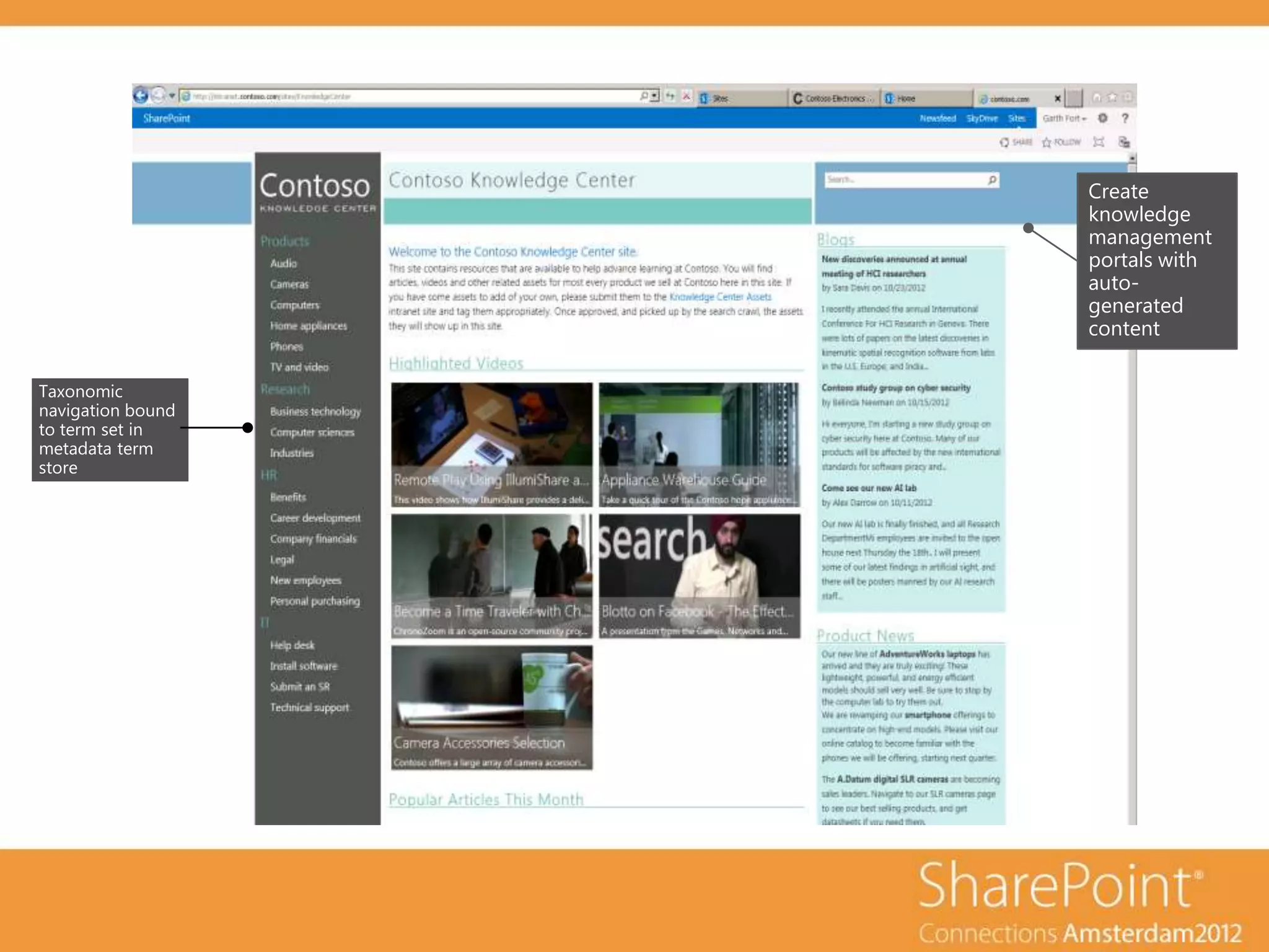 Create
                   knowledge
                   management
                   portals with
                   auto-
                   generated
                   content

Taxonomic
navigation bound
to term set in
metadata term
store
 