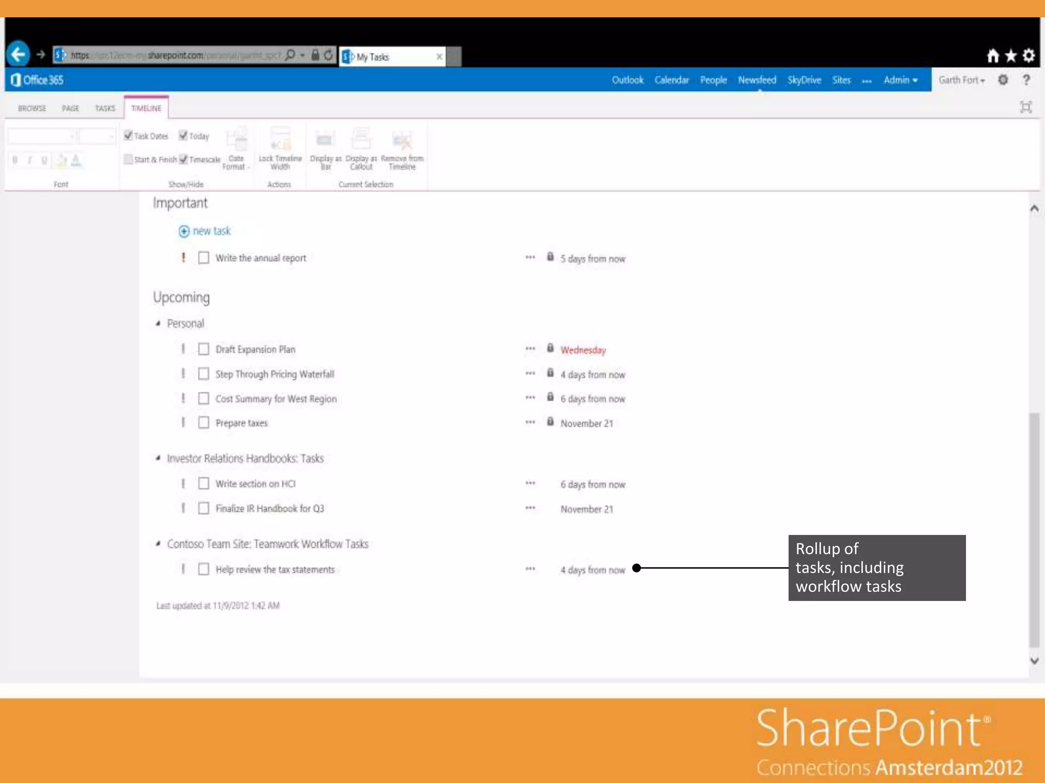 Examples
 ondertitel



       • Expense / Purchase Requets Workflow
       • Business Intelligence Sites




                                           Rollup of
                                           tasks, including
                                           workflow tasks
 