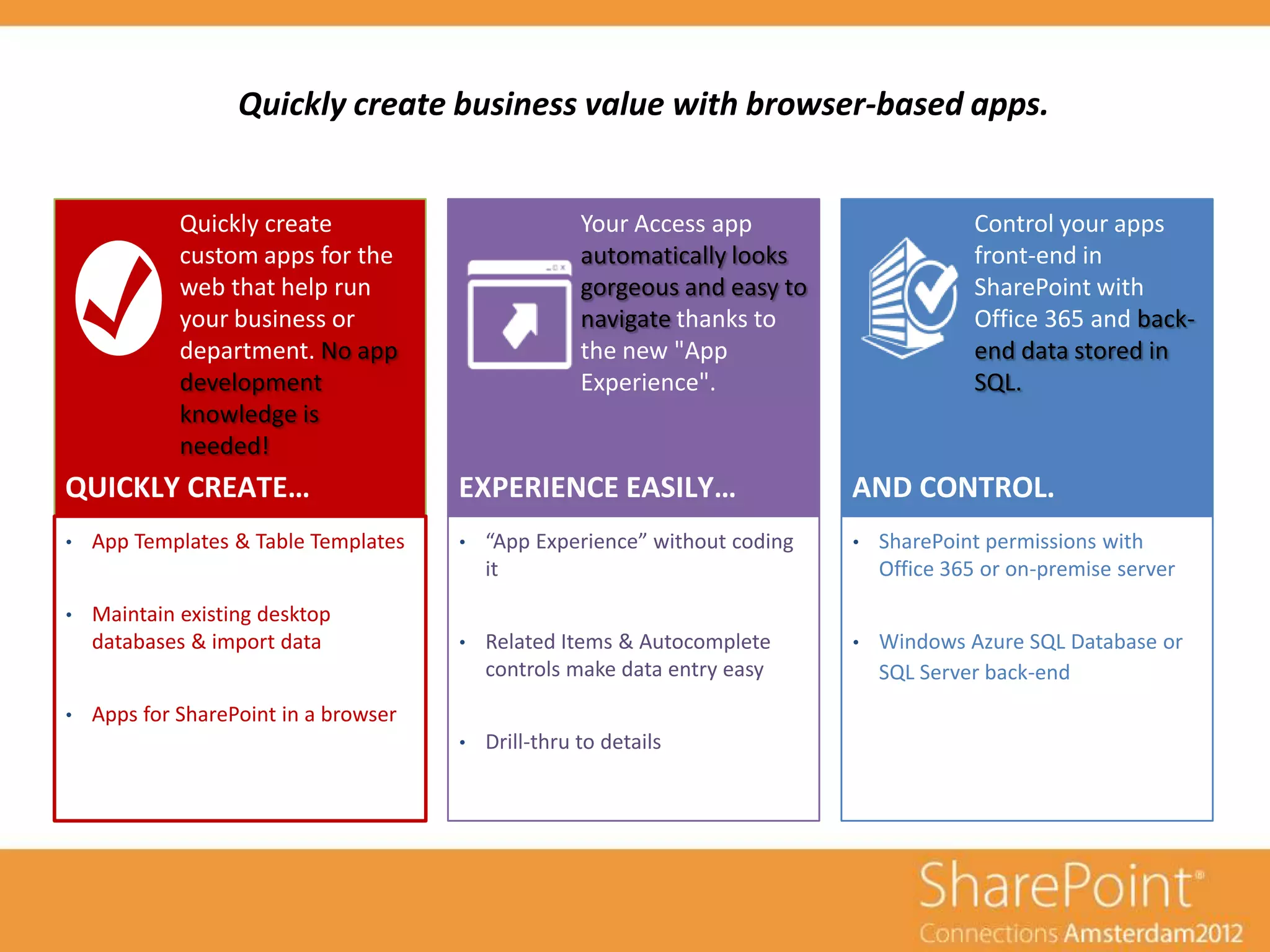 Quickly create business value with browser-based apps.


             Quickly create                           Your Access app                     Control your apps
             custom apps for the                      automatically looks                 front-end in
             web that help run                        gorgeous and easy to                SharePoint with
             your business or                         navigate thanks to                  Office 365 and back-
             department. No app                       the new "App                        end data stored in
             development                              Experience".                        SQL.
             knowledge is
             needed!


•   App Templates & Table Templates    •   “App Experience” without coding   •   SharePoint permissions with
                                           it                                    Office 365 or on-premise server
•   Maintain existing desktop
    databases & import data            •   Related Items & Autocomplete      •   Windows Azure SQL Database or
                                           controls make data entry easy         SQL Server back-end
•   Apps for SharePoint in a browser
                                       •   Drill-thru to details
 