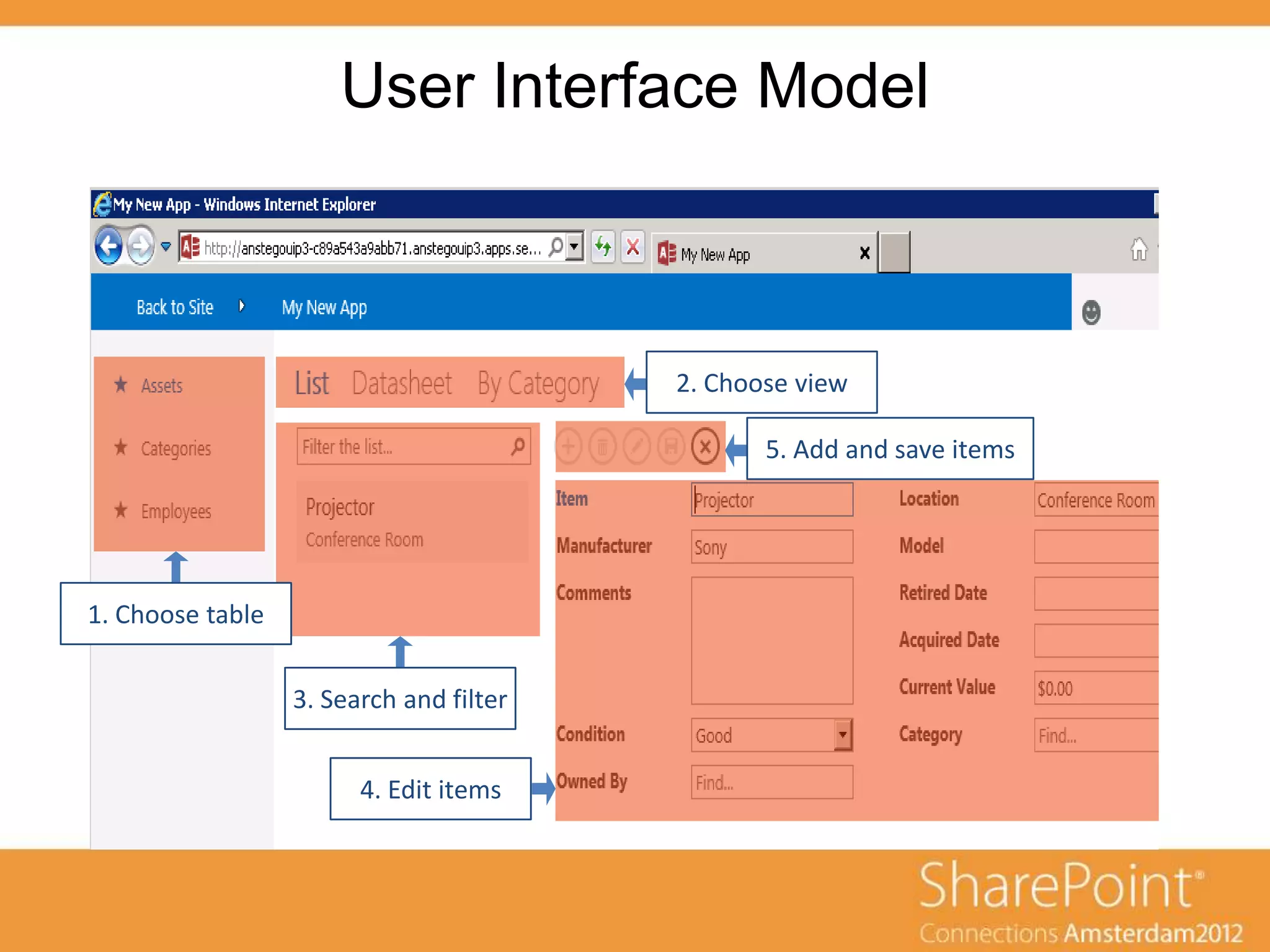 User Interface Model



                                         2. Choose view

                                                5. Add and save items




1. Choose table


                  3. Search and filter


                        4. Edit items
 