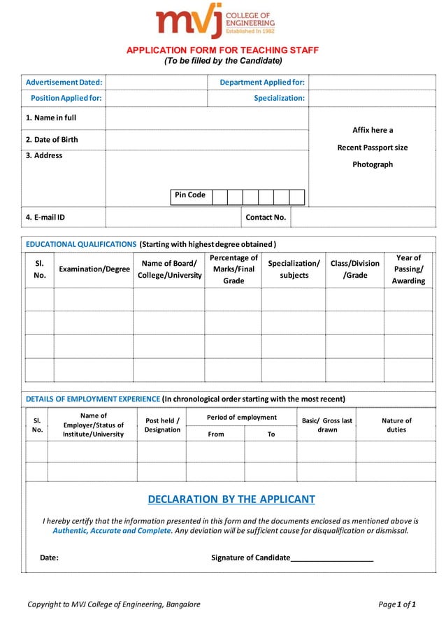Mvjce application form_teaching | PDF