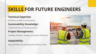 SKILLS FOR FUTURE ENGINEERS
Technical Expertise:
Proficiency in BIM, AI, and robotics.
Sustainability Knowledge:
Understanding eco-friendly practices.
Project Management:
Handling timelines, budgets, and teams effectively.
Adaptability:
Staying flexible and updated with industry trends.
 
