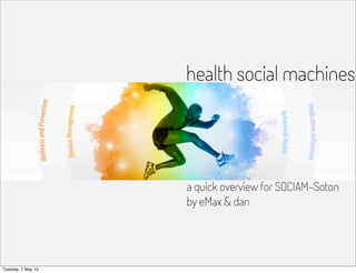 health social machines
a quick overview for SOCIAM-Soton
by eMax & dan
Tuesday, 7 May 13
 