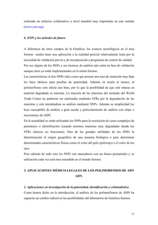 realizado un esfuerzo colaborativo a nivel mundial muy importante en este sentido
(www.ystr.org).


6. SNPs y los métodos de futuro


A diferencia de otros campos de la Genética, los avances tecnológicos en el área
forense suelen tener una aplicación a la realidad pericial relativamente lenta por la
necesidad de validación previa y de incorporación a programas de control de calidad.
Por eso alguno de los SNPs y sus técnicas de análisis aún están en fase de validación
aunque otros ya están implementados en la rutina forense.
Las características d elos SNPs tales como que poseen una tasa de mutación muy baja
los hace idóneos para pruebas de paternidad. Además en teoría al menos, el
polimorfismo solo afecta una base, por lo que la posibilidad de que esté intacta en
material degradado es máxima. La mayoría de las muestras del atentado del World
Trade Center no pudieron ser analizadas mediante STRs por la degradación de las
muestras y está intentándose su análisis mediante SNPs. Además su simplicidad los
hace susceptible de análisis a gran escala y particularmente de análisis con chips o
microarrays de ADN.
En la actualidad se están utilizando los SNPs para la resolución de casos complejos de
parentesco o identificación (cuando tenemos muestras muy degradadas donde los
STRs clásicos no funcionan). Otra de las grandes utilidades de los SNPs la
determinación el origen geográfico de una muestra biológica o para determinar
determinadas características físicas como el color del pelo (pelirrojo) o el color de los
ojos.
Pero además de todo esto los SNPs son marcadores con un futuro prometedor y su
utilización cada vez será mas extendida en el mundo forense


3. APLICACIONES MÉDICO-LEGALES DE LOS POLIMORFIMOS DE ADN
                                         ADN.


1. Aplicaciones en investigación de la paternidad, identificación y criminalística
Como hemos dicho en la introducción, el análisis de los polimorfismos de ADN ha
supuesto un cambio radical en las posibilidades del laboratorio de Genética forense.



                                                                                       13
 