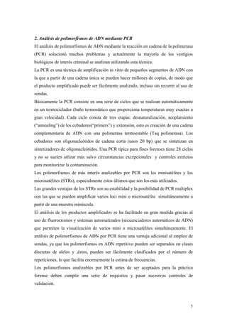 2. Análisis de polimorfismos de ADN mediante PCR
El análisis de polimorfismos de ADN mediante la reacción en cadena de la polimerasa
(PCR) solucionó muchos problemas y actualmente la mayoría de los vestigios
biológicos de interés criminal se analizan utilizando esta técnica.
La PCR es una técnica de amplificación in vitro de pequeños segmentos de ADN con
la que a partir de una cadena única se pueden hacer millones de copias, de modo que
el producto amplificado puede ser fácilmente analizado, incluso sin recurrir al uso de
sondas.
Básicamente la PCR consiste en una serie de ciclos que se realizan automáticamente
en un termociclador (baño termostático que proporciona temperaturas muy exactas a
gran velocidad). Cada ciclo consta de tres etapas: desnaturalización, acoplamiento
(“annealing”) de los cebadores(“primers”) y extensión, esto es creación de una cadena
complementaria de ADN con una polimerasa termoestable (Taq polimerasa). Los
cebadores son oligonucleótidos de cadena corta (unos 20 bp) que se sintetizan en
sintetizadores de oligonucleótidos. Una PCR típica para fines forenses tiene 28 ciclos
y no se suelen utlizar más salvo circunstancias excepcionales y controles estrictos
para monitorizar la contaminación.
Los polimorfismos de más interés analizables por PCR son los minisatélites y los
microsatélites (STRs), especialmente estos últimos que son los más utilizados.
Las grandes ventajas de los STRs son su estabilidad y la posibilidad de PCR multiplex
con las que se pueden amplificar varios loci mini o microsatélite simultáneamente a
partir de una muestra minúscula.
El análisis de los productos amplificados se ha facilitado en gran medida gracias al
uso de fluorocromos y sistemas automatizados (secuenciadores automáticos de ADN)
que permiten la visualización de varios mini o microsatélites simultáneamente. El
análisis de polimorfismos de ADN por PCR tiene una ventaja adicional al empleo de
sondas, ya que los polimorfismos en ADN repetitivo pueden ser separados en clases
discretas de alelos y ,éstos, pueden ser fácilmente clasificados por el número de
repeticiones, lo que facilita enormemente la estima de frecuencias.
Los polimorfismos analizables por PCR antes de ser aceptados para la práctica
forense deben cumplir una serie de requisitos y pasar sucesivos controles de
validación.



                                                                                    5
 