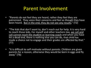 Parent Involvement 
• “Parents do not feel they are heard, rather they feel they are 
patronized. They voice their concerns and feel as though they have 
been heard. But in the end, they do not see any results.” (T2) 
• “The kids that don’t want to, don’t reach out for help. It is very hard 
to reach those kids, For myself and other teachers too, we call and 
call cannot reach the student or learning coach and when you have 
hit a dead end, there is nothing else you can do, that child has 
made a choice not to engage and their grades are affected by that.” 
(T7) 
• “It is difficult to self motivate without parents. Children are given 
parents for a reason, otherwise they would be born in eggs and fly 
away.” (T6) 
 