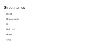 Street names
Big H
Brown sugar
H
Hell dust
Horse
Skag
 