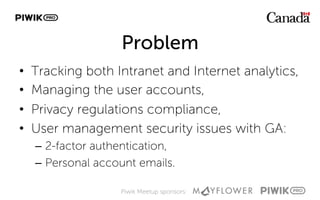 Piwik Meetup sponsors:
Problem
•  Tracking both Intranet and Internet analytics,
•  Managing the user accounts,
•  Privacy regulations compliance,
•  User management security issues with GA:
–  2-factor authentication,
–  Personal account emails.
 