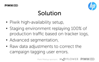 Piwik Meetup sponsors:
Solution
•  Piwik high-availability setup,
•  Staging environment replaying 100% of
production traffic based on tracker logs,
•  Advanced segmentation,
•  Raw data adjustments to correct the
campaign tagging user errors.
 