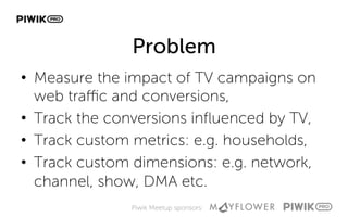 Piwik Meetup sponsors:
Problem
•  Measure the impact of TV campaigns on
web traffic and conversions,
•  Track the conversions inﬂuenced by TV,
•  Track custom metrics: e.g. households,
•  Track custom dimensions: e.g. network,
channel, show, DMA etc.
 