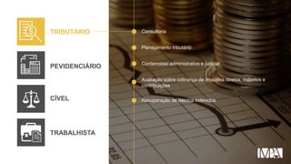 PEVIDENCIÁRIO
CÍVEL
TRABALHISTA
TRIBUTÁRIO Consultoria
Planejamento tributário
Contencioso administrativo e judicial
Avaliação sobre cobrança de impostos diretos, indiretos e
contribuições
Recuperação de débitos indevidos
 