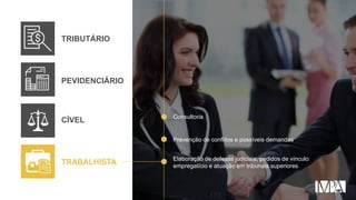 PEVIDENCIÁRIO
CÍVEL
TRABALHISTA
TRIBUTÁRIO
Consultoria
Prevenção de conflitos e possíveis demandas
Elaboração de defesas judiciais, pedidos de vínculo
empregatício e atuação em tribunais superiores
 