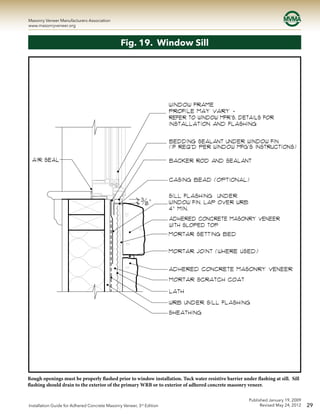 29
Masonry Veneer Manufacturers Association
www.masonryveneer.org
Published January 19, 2009
Revised May 24, 2012Installation Guide for Adhered Concrete Masonry Veneer, 3rd
Edition
Fig. 19. Window Sill
Rough openings must be properly flashed prior to window installation. Tuck water resistive barrier under flashing at sill. Sill
flashing should drain to the exterior of the primary WRB or to exterior of adhered concrete masonry veneer.
 