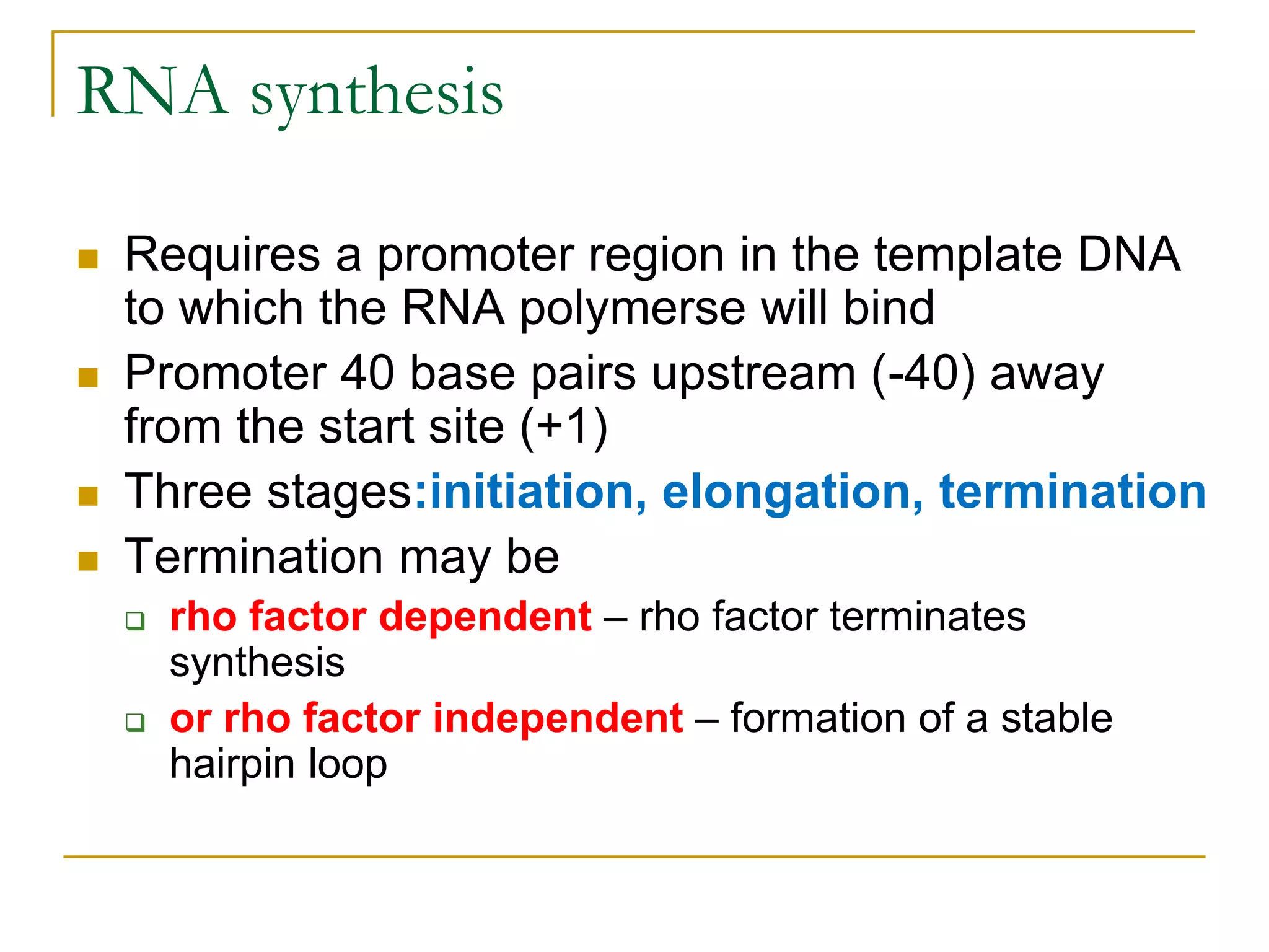RNA synthesis

   Requires a promoter region in the template DNA
    to which the RNA polymerse will bind
   Promoter 40 base pairs upstream (-40) away
    from the start site (+1)
   Three stages:initiation, elongation, termination
   Termination may be
       rho factor dependent – rho factor terminates
        synthesis
       or rho factor independent – formation of a stable
        hairpin loop
 