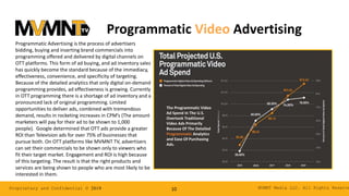 MVMNT Media LLC. All Rights ReserveProprietary and Confidential © 2019 10
The Programmatic Video
Ad Spend In The U.S.
Overtook Traditional
Video Ads Primarily
Because Of The Detailed
Programmatic Analytics
and Ease Of Purchasing
Ads.
Programmatic Video Advertising
Programmatic Advertising is the process of advertisers
bidding, buying and inserting brand commercials into
programming offered and delivered by digital channels on
OTT platforms. This form of ad buying, and ad inventory sales
has quickly become the standard because of the immediacy,
effectiveness, convenience, and specificity of targeting.
Because of the detailed analytics that only digital on-demand
programming provides, ad effectiveness is growing. Currently
in OTT programming there is a shortage of ad inventory and a
pronounced lack of original programming. Limited
opportunities to deliver ads, combined with tremendous
demand, results in rocketing increases in CPM’s (The amount
marketers will pay for their ad to be shown to 1,000
people). Google determined that OTT ads provide a greater
ROI than Television ads for over 75% of businesses that
pursue both. On OTT platforms like MVMNT TV, advertisers
can set their commercials to be shown only to viewers who
fit their target market. Engagement and ROI is high because
of this targeting. The result is that the right products and
services are being shown to people who are most likely to be
interested in them.
 