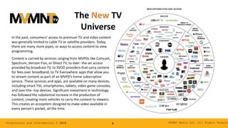 MVMNT Media LLC. All Rights ReserveProprietary and Confidential © 2019 4
The New TV
Universe
In the past, consumers’ access to premium TV and video content
was generally limited to cable TV or satellite providers. Today,
there are many more pipes, or ways to access content to view
programming.
Content is carried by services ranging from MVPDs like Comcast,
Spectrum, Verizon Fios, or Direct TV, to over- the-air access
provided by broadcast TV, to SVOD providers that carry content
for fees over broadband, to TV Everywhere apps that allow you
to stream content as part of an MVPD’s home subscription
service. These services and apps, are available on many devices,
including smart TVs, smartphones, tablets, video game consoles,
and over-the- top devices. Significant investment in technology
has followed the substantial increase in the production of
content, creating more vehicles to carry the content to viewers.
This creates an ecosystem designed to make video available in
every person’s pocket, all the time.
 