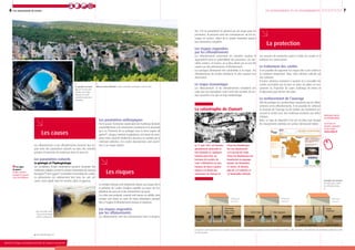 6
Ministère de l’Écologie, du Développement durable, des Transports et du Logement
7| | | | | | | | | | | | | | | |Les mouvements de terrain
Les affaissements et les effondrements trouvent leur ori-
gine dans des paramètres naturels ou dans des activités
passées d’extraction de matériaux dans le sous-sol.
Les paramètres naturels
La géologie et l’hydrogéologie
Les circulations d’eaux souterraines peuvent dissoudre des
matériaux solubles comme le calcaire (formations de réseaux
karstiques*) ou le gypse* et entraîner la formation de cavités.
Ce phénomène est relativement lent dans les sols cal-
caires, mais rapide dans les terrains salins et gypseux.
Le territoire français reste largement exposé aux risques liés à
la présence de cavités d’origine naturelle ou issues de l’ex-
ploitation du sous-sol et des évènements du passé.
Ces vides peu profonds, souvent mal connus ou oubliés, dont
certains sont situés au cœur de zones urbanisées, peuvent
être à l’origine d’effondrements brutaux et imprévus.
Les risques engendrés
par les affaissements
Les affaissements sont des mouvements lents et progres-
Les mesures de protection visent à traiter les cavités et à
renforcer les constructions.
Le traitement des cavités
Il est possible de supprimer les risques liés à une cavité en
la comblant totalement. Mais cette solution radicale est
très coûteuse.
D’autres solutions consistent à soutenir et à consolider les
cavités accessibles par la mise en place de piliers en ma-
çonnerie ou l’injection de coulis (mélange de béton et
d’adjuvants) pour former des plots.
Le renforcement de l’ouvrage
Afin de protéger les constructions menacées par les affais-
sements et les effondrements, il est possible de renforcer
la structure de l’ouvrage ou de réaliser des fondations tra-
versant la cavités avec des matériaux résistants aux défor-
mations.
Mais, ce type de dispositif n’est mis en place que lorsque
les mouvements attendus en surface demeurent faibles.
Vue d’un pilier ruiné
dans une ancienne
carrière souterraine.
Exemple de mesures
de protection contre
les effondrements.
Les sapes
de guerre
Cavités creusées
pendant les guerres
à des fins militaires.
sifs. S’ils ne présentent en général pas de risque pour les
personnes, ils peuvent avoir des conséquences sur les ou-
vrages en surface, allant de la simple fissuration jusqu’à
leur destruction complète.
Les risques engendrés
par les effondrements
Les effondrements présentent un caractère soudain et
augmentent ainsi la vulnérabilité des personnes. Ces der-
nières années, en France, un à deux décès par an ont été
causés par des phénomènes d’effondrement.
Les ouvrages demeurent très vulnérables à ce risque ; les
effondrements de terrain entraînent le plus souvent leur
destruction.
Le risque économique
Les affaissements et les effondrements entraînent des
coûts dus aux réparations voire l’arrêt des activités du sec-
teur concerné si le site est trop endommagé.
Les paramètres anthropiques
Par le passé, l’extraction souterraine de matériaux destinés
essentiellement à la construction (carrières) et la nécessité
qu’a eu l’homme de se protéger sous la terre (sapes de
guerre*, refuges, habitats troglodytes), ont laissé de nom-
breux vides souvent totalement inconnus ou oubliée par la
mémoire collective. Ces cavités abandonnées sont assimi-
lées à un risque naturel. Le 1er
juin 1961, un énorme
grondement souterrain se
fait entendre et, quelques
instants plus tard, six
hectares de carrière de
craie s’effondrent sur une
hauteur de deux à quatre
mètres à la limite des
communes de Clamart et
La catastrophe de Clamart
Cavité
Bâtiment
menacé
Coulis maigre Pilier maçonné
Cavité
Bâtiment
menacé
Coulis d’enceinte
Forage
d’injection
Coulis de remplissage
Cavité
Pieu
Bâtiment
menacé
Chemisage
(lutte contre
l’altération)
Lorsqu’une cavité souterraine est repérée sous un bâtiment existant ou projeté, on peut soit combler la cavité, si elle est petite, soit implanter des fondations profondes si elle
est trop grande.
Retrouvez toutes
les informations
- - - - - -
sur la base de
données nationales
sur les cavités :
www.cavites.fr
Les affaissements et les effondrements
*
Voir glossaire page 26
Les causes
Les risques
La protection
Le gouffre de Padi-
rac est l’un des plus
célèbres exemples
français de cavité
naturelle souterraine
effondrée.
Minerve dans l’Hérault, cavités naturelles aménagées comme abri.
d’Issy-les-Moulineaux.
Six rues disparurent
et le terrain du stade
d’Issy-les-Moulineaux fut
transformé en paysage
lunaire. On dénombra
21 morts, 45 blessés,
plus de 273 sinistrés et
23 immeubles détruits.
Ministère de l’Écologie, du Développement durable, des Transports et du Logement
 