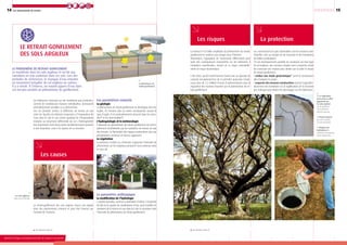 14
Ministère de l’Écologie, du Développement durable, des Transports et du Logement
15| | | | | | | | | | | | | | | |Les mouvements de terrain
Les bâtiments construits sur des fondations peu profondes,
comme de nombreuses maisons individuelles, demeurent
particulièrement sensibles à ce phénomène.
Lors de périodes sèches, la différence de teneur en eau
entre les façades du bâtiment (exposées à l’évaporation de
l’eau dans le sol) et son centre (protégé de l’évaporation)
entraîne un tassement différentiel du sol. L’hétérogénéité
des tassements entre deux points du bâtiment peut conduire
à une fissuration, voire à la rupture de sa structure.
Les paramètres naturels
La géologie
Le phénomène de retrait-gonflement se développe dans les
argiles, de manière plus ou moins conséquente suivant le
type d’argile. Il est particulièrement observé dans les smec-
tites* et les interstratifiés*.
L’hydrogéologie et la météorologie
L’intensité du phénomène de retrait-gonflement est princi-
palement conditionnée par les variations de teneur en eau
des terrains. La fluctuation des nappes souterraines due aux
précipitations constitue un facteur aggravant.
La végétation
La présence d’arbres ou d’arbustes augmente l’intensité du
phénomène car les végétaux pompent l’eau contenue dans
le sous-sol.
Le paramètre anthropique
La modification de l’hydrologie
L’activité humaine, comme la plantation d’arbres à proximité
du bâti ou la rupture de canalisations d’eau, peut modifier les
variations de la teneur en eau dans les sols et accentuer ainsi
l’intensité du phénomène de retrait-gonflement.
*
Voir glossaire page 26
Les risques
*
Voir glossaire page 26
La lenteur et la faible amplitude du phénomène de retrait-
gonflement le rendent sans danger pour l’homme.
Néanmoins, l’apparition de tassements différentiels peut
avoir des conséquences importantes sur les bâtiments à
fondations superficielles, faisant de ce risque essentielle-
ment un risque économique.
L’été 2003, qui fut extrêmement chaud avec un épisode de
canicule exceptionnel lors de la première quinzaine d’août,
causa plus de 1,2 milliard d’euros d’indemnisations pour la
réparation des maisons fissurées par le phénomène de re-
trait-gonflement.
Les constructions les plus vulnérables sont les maisons indi-
viduelles, avec un simple rez-de-chaussée et des fondations
de faibles profondeurs.
S’il est techniquement possible de construire sur tout type
de sol argileux, des mesures simples sont à respecter avant
de construire une maison pour limiter par la suite le risque
de retrait-gonflement :
• réaliser une étude géotechnique* avant la construction
afin d’adapter le projet ;
• respecter des mesures constructives comme l’approfon-
dissement des fondations ou la rigidification de la structure
par chaînage pour limiter les dommages sur les bâtiments ;
La protection
Le phénomène de retrait-gonflement
se manifeste dans les sols argileux et est lié aux
variations en eau contenue dans ces sols. Lors des
périodes de sécheresse, le manque d’eau entraîne
un tassement irrégulier du sol argileux en surface :
il y a retrait. À l’inverse, un nouvel apport d’eau dans
ces terrains produit un phénomène de gonflement.
Le retrait-gonflement
des sols argileux
Le phénomène de
retrait-gonflement
Les causes
Le retrait-gonflement des sols argileux trouve son origine
dans des phénomènes naturels et peut être favorisé par
l’activité de l’homme.
Les sols argileux :
états sec et humide.
1- La végétation
peut avoir un effet
aggravant sur
les sols argileux
car ils pompent
l’eau contenue
dans le sous-sol.
2- Maison fissurée
par une variation
en eau du terrain.
3- Eloigner des
habitations les
systèmes d'assainisse-
ment autonomes.
3
2
1
Retrait
Gonflement
Ministère de l’Écologie, du Développement durable, des Transports et du Logement
 