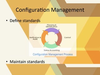 Conﬁgura?on	
  Management	
  
•  Deﬁne	
  standards	
  

•  Maintain	
  standards	
  

 