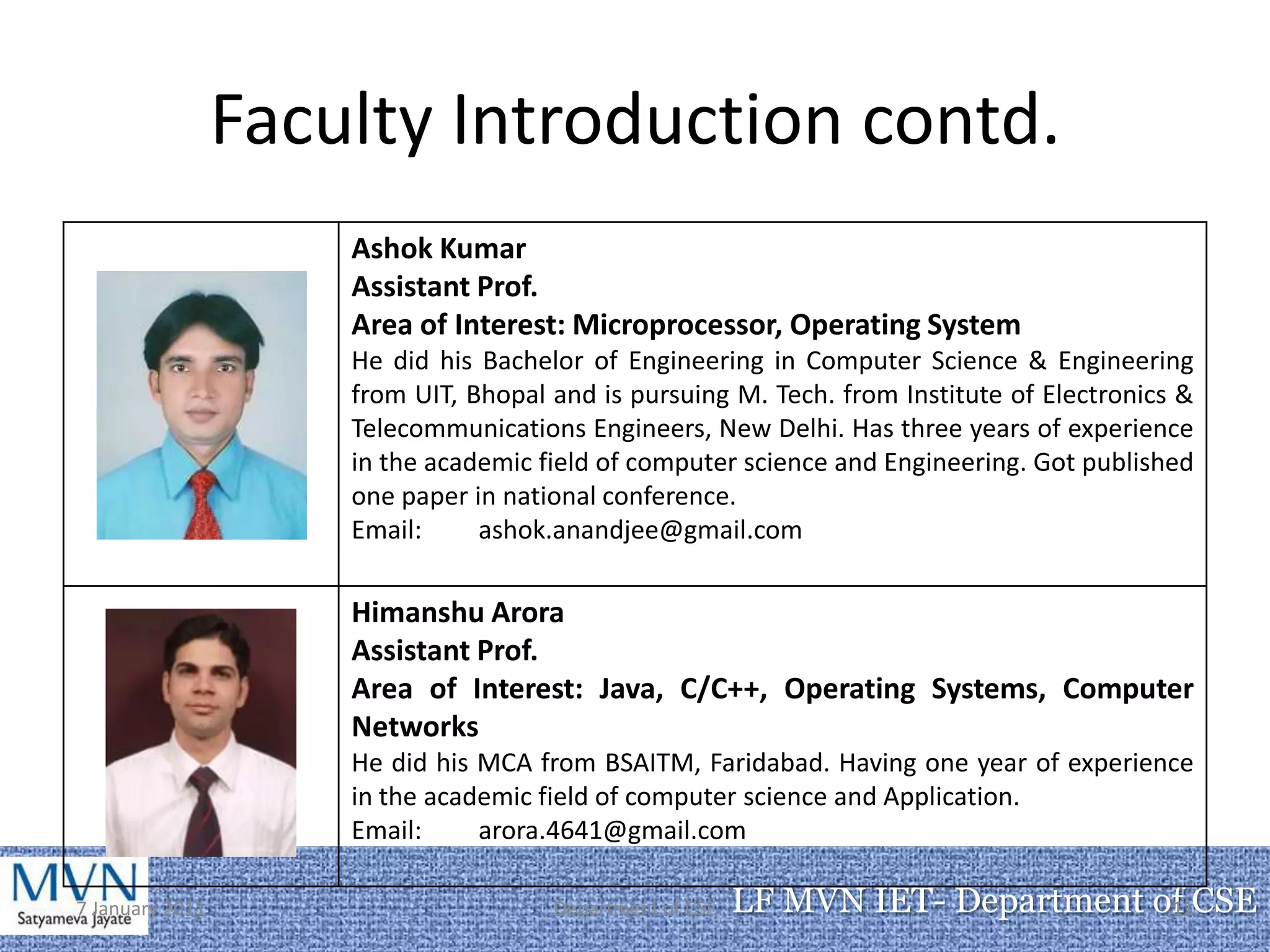 Faculty Introduction contd.
                     Ashok Kumar
                     Assistant Prof.
                     Area of Interest: Microprocessor, Operating System
                     He did his Bachelor of Engineering in Computer Science & Engineering
                     from UIT, Bhopal and is pursuing M. Tech. from Institute of Electronics &
                     Telecommunications Engineers, New Delhi. Has three years of experience
                     in the academic field of computer science and Engineering. Got published
                     one paper in national conference.
                     Email:     ashok.anandjee@gmail.com

                     Himanshu Arora
                     Assistant Prof.
                     Area of Interest: Java, C/C++, Operating Systems, Computer
                     Networks
                     He did his MCA from BSAITM, Faridabad. Having one year of experience
                     in the academic field of computer science and Application.
                     Email:     arora.4641@gmail.com

7 January 2011                        Department of CSE   LF MVN IET- Department of CSE
                                                                                  11
 