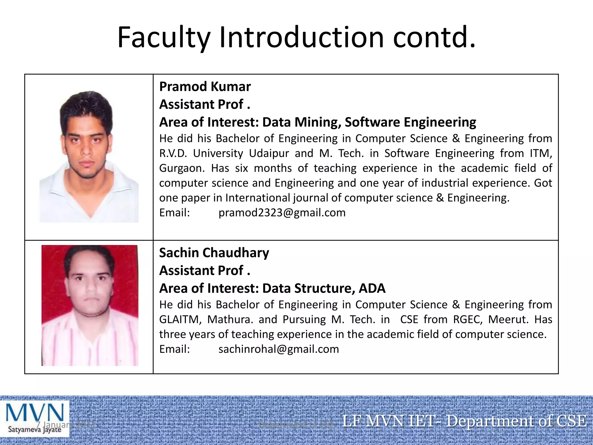 Faculty Introduction contd.
                    Pramod Kumar
                    Assistant Prof .
                    Area of Interest: Data Mining, Software Engineering
                    He did his Bachelor of Engineering in Computer Science & Engineering from
                    R.V.D. University Udaipur and M. Tech. in Software Engineering from ITM,
                    Gurgaon. Has six months of teaching experience in the academic field of
                    computer science and Engineering and one year of industrial experience. Got
                    one paper in International journal of computer science & Engineering.
                    Email:     pramod2323@gmail.com


                    Sachin Chaudhary
                    Assistant Prof .
                    Area of Interest: Data Structure, ADA
                    He did his Bachelor of Engineering in Computer Science & Engineering from
                    GLAITM, Mathura. and Pursuing M. Tech. in CSE from RGEC, Meerut. Has
                    three years of teaching experience in the academic field of computer science.
                    Email:      sachinrohal@gmail.com




7 January 2011                         Department of CSE   LF MVN IET- Department of9CSE
 