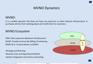 MVNO Dynamics MVNO: It is a mobile operator that does not have any spectrum or other telecom infrastructure. It purchases airtime from existing player and resells them to customers. MVNO Ecosystem  HNO: Owns spectrum &telecom infrastructure MVNE: Provide services like Billing, Provisioning. MVNC & SI: Trusted advisor to MVNO Strategy and Planning  Business Case and Operational Models  System Integration and end-to-end testing  HNO MVNE MVNO MVNC & SI 