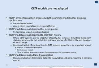 OLTP models are not adapted OLTP- Online transaction processing is the common modeling for business applications transaction-oriented data is highly normalized (cf. 3 normal forms) OLTP models are not designed for large queries Performance impact, database locking OLTP models are not designed to maintain history Often, OLTP systems store a snapshot of reality. For instance, they store the current status of some entity, but not all the history of statuses for that entity and the dates of each change. Keeping all activity for a long time in OLTP systems would have an important impact : Difficult to administrate indexes Performance impact Time to backup & restore database (because systems fail one day or another) OLTP models are not adapted to reporting Data normalization decompose data into many tables and joins, resulting in complex queries 