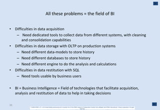 All these problems = the field of BI Difficulties in data acquisition Need dedicated tools to collect data from different systems, with cleaning and consolidation capabilities Difficulties in data storage with OLTP on production systems Need different data-models to store history Need different databases to store history Need different engine to do the analysis and calculations Difficulties in data restitution with SQL Need tools usable by business users BI = Business Intelligence = Field of technologies that facilitate acquisition, analysis and restitution of data to help in taking decisions 
