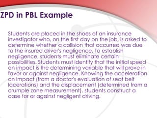 Students are placed in the shoes of an insurance
investigator who, on the first day on the job, is asked to
determine whether a collision that occurred was due
to the insured driver's negligence. To establish
negligence, students must eliminate certain
possibilities. Students must identify that the initial speed
on impact is the determining variable that will prove in
favor or against negligence. Knowing the acceleration
on impact (from a doctor's evaluation of seat belt
lacerations) and the displacement (determined from a
crumple zone measurement), students construct a
case for or against negligent driving.
ZPD in PBL Example
 