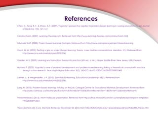 References
Chen, C., Feng, R.-F., & Chiou, A.-F. (2009). Vygotsky’s perspective applied to problem-based learning in nursing education. Fu-Jen Journal
of Medicine, 7(3), 141–147.
Constructivism. (2007). Learning-Theories.com. Retrieved from http://www.learning-theories.com/constructivism.html
Edutopia Staff. (2008). Project-based learning. Edutopia. Retrieved from http://www.edutopia.org/project-based-learning
Grant, M. M. (2002). Getting a grip on project-based learning: theory, cases and recommendations. Meridian, 5(1). Retrieved from
http://www.ncsu.edu/meridian/win2002/514/
Gredler, M. E. (2009). Learning and instruction: theory into practice (6th ed., p. 461). Upper Saddle River, New Jersey, USA: Pearson.
Harland, T. (2003). Vygotsky’s zone of proximal development and problem-based learning: linking a theoretical concept with practice
through action research. Teaching in Higher Education, 8(2), 263–272. doi:10.1080/1356251032000052483
Larmer, J., & Mergendoller, J. R. (2010). Essentials for learning. Educational Leadership, 68(1). Retrieved from
http://www.ncsu.edu/meridian/win2002/514/
Lasry, N. (2010). Problem-based learning: first day on the job. Collegial Centre for Educational Materials Development. Retrieved from
http://pbl.ccdmd.qc.ca/resultat.php?action=clicFiche&he=1050&afficheRecherche=-1&IDFiche=152&endroitRetour=0
PresenterMedia. (2013). Atom molecule presentation. Retrieved from http://office.microsoft.com/en-us/templates/powerpoint-templates-
FX102828209.aspx
Theory behind pbl. (n.d.). Stanford. Retrieved November 02, 2013, from http://ldt.stanford.edu/~jeepark/jeepark+portfolio/PBL/theory.htm
 