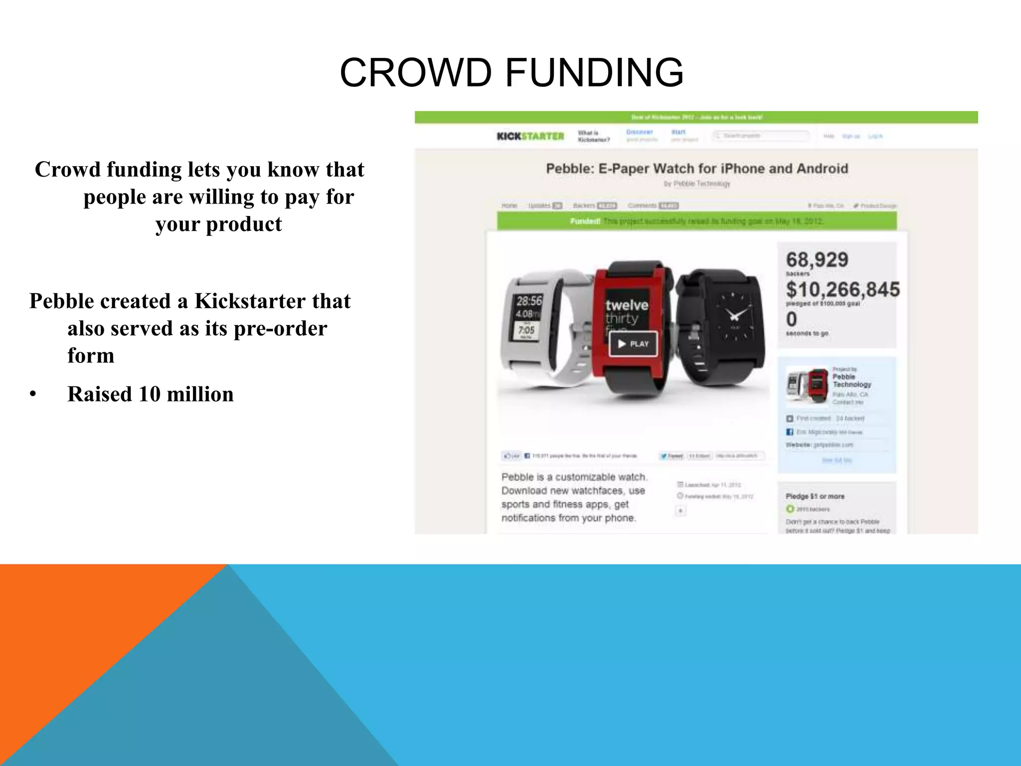 CROWD FUNDING
Crowd funding lets you know that
people are willing to pay for
your product
Pebble created a Kickstarter that
also served as its pre-order
form
• Raised 10 million
 