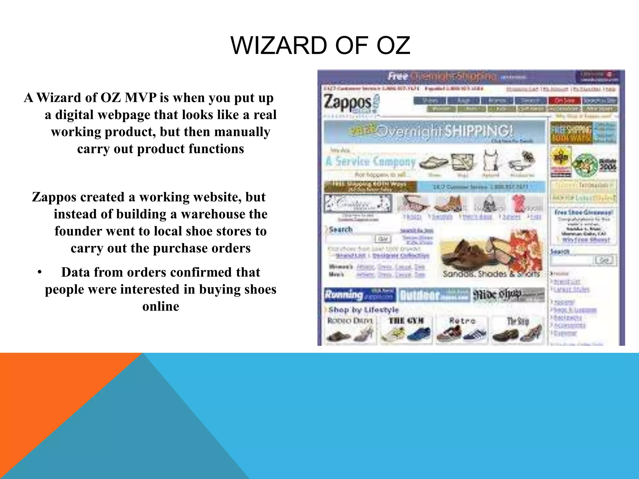 WIZARD OF OZ
A Wizard of OZ MVP is when you put up
a digital webpage that looks like a real
working product, but then manually
carry out product functions
Zappos created a working website, but
instead of building a warehouse the
founder went to local shoe stores to
carry out the purchase orders
• Data from orders confirmed that
people were interested in buying shoes
online
 