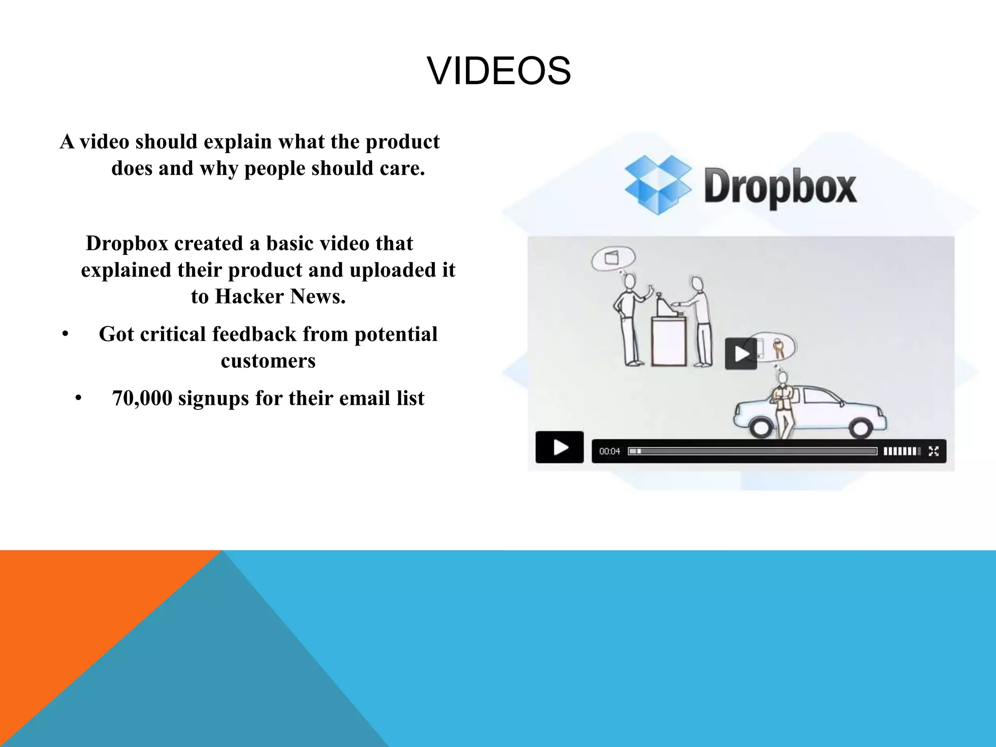 VIDEOS
A video should explain what the product
does and why people should care.
Dropbox created a basic video that
explained their product and uploaded it
to Hacker News.
• Got critical feedback from potential
customers
• 70,000 signups for their email list
 
