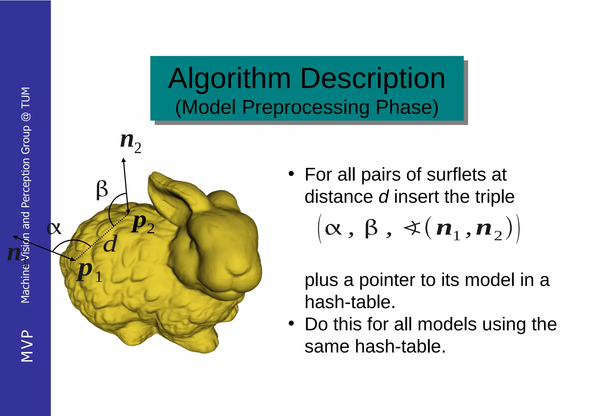 Algorithm Description
                                                            Algorithm Description
 Machine Vision and Perception Group @ TUM




                                                            (Model Preprocessing Phase)
                                                             (Model Preprocessing Phase)
                                                      n2
                                                                       • For all pairs of surflets at
                                                                        distance d insert the triple
                                                      p2                   ,  , ∢ n1 , n 2  
n1                                                d
                                                 p1                      plus a pointer to its model in a
                                                                         hash-table.
                                                                       • Do this for all models using the
MVP




                                                                         same hash-table.
 