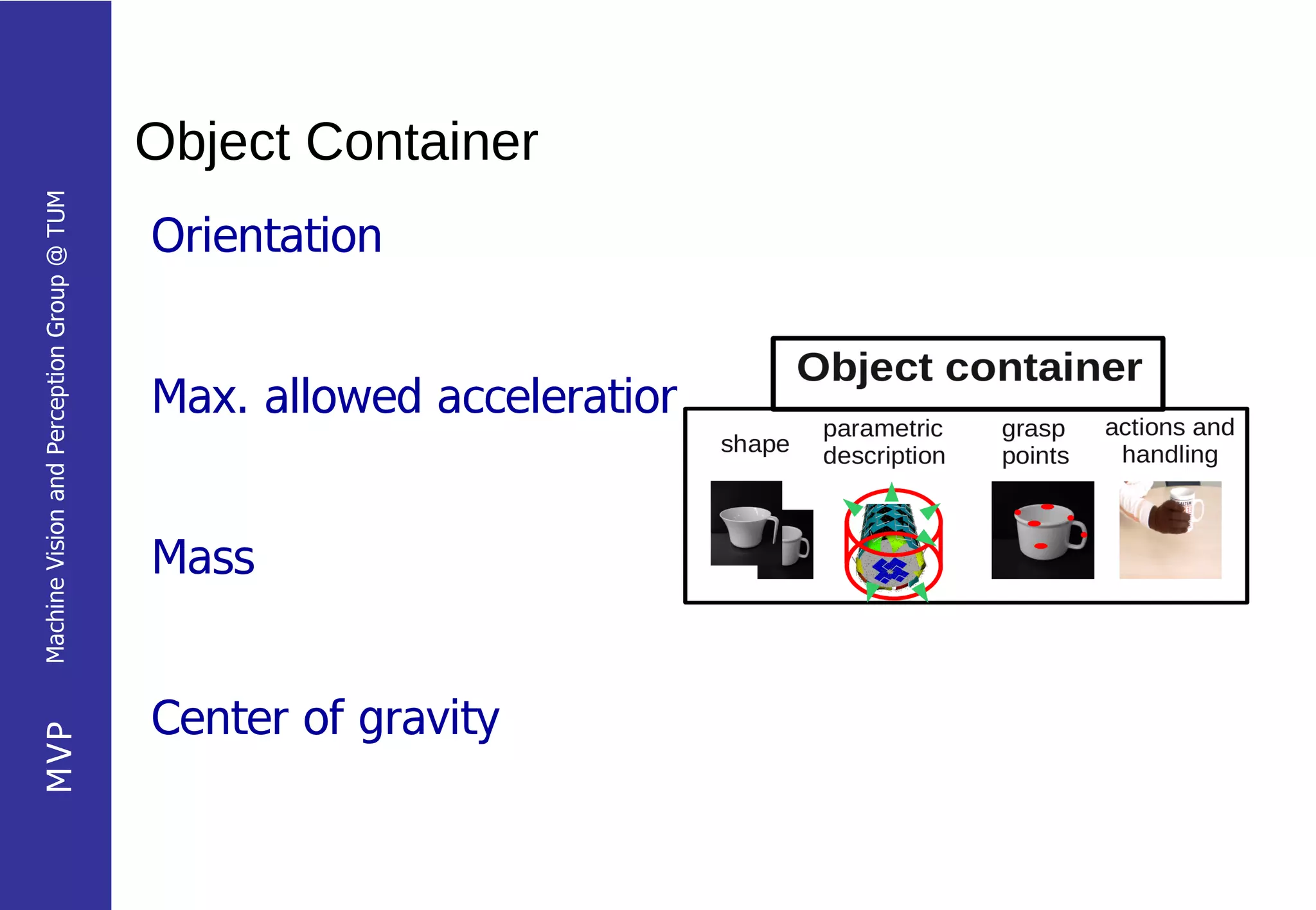 Object Container
Machine Vision and Perception Group @ TUM




                                            Orientation


                                            Max. allowed acceleration


                                            Mass


                                            Center of gravity
MVP
 