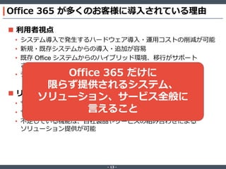 ‐ 13 ‐
Office 365 が多くのお客様に導入されている理由
 利用者視点
• システム導入で発生するハードウェア導入・運用コストの削減が可能
• 新規・既存システムからの導入・追加が容易
• 既存 Office システムからのハイブリッド環境、移行がサポート
されている
• データの保全性と事業の継続性 (BCP) も対応可能
 リセラー視点
• サービス品目が豊富
• サービス品目ごとの価格が明確
• 不足している機能は、自社製品やサービスの組み合わせによる
ソリューション提供が可能
Office 365 だけに
限らず提供されるシステム、
ソリューション、サービス全般に
言えること
 