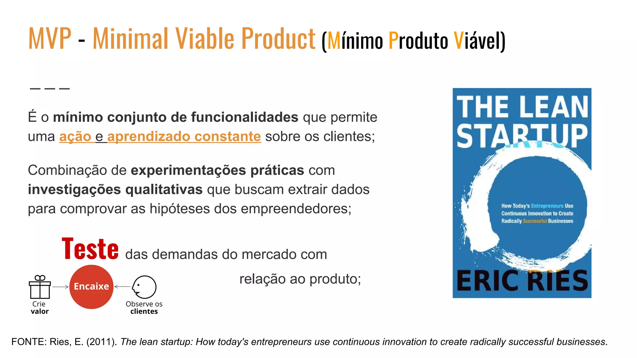 MVP - Minimal Viable Product (Mínimo Produto Viável)
É o mínimo conjunto de funcionalidades que permite
uma ação e aprendizado constante sobre os clientes;
Combinação de experimentações práticas com
investigações qualitativas que buscam extrair dados
para comprovar as hipóteses dos empreendedores;
Teste das demandas do mercado com
relação ao produto;
FONTE: Ries, E. (2011). The lean startup: How today's entrepreneurs use continuous innovation to create radically successful businesses.
 