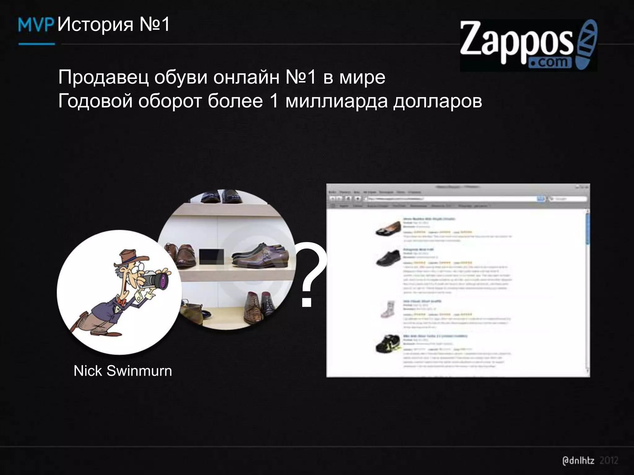 История №1

Продавец обуви онлайн №1 в мире
Годовой оборот более 1 миллиарда долларов




                     ?
 Nick Swinmurn
 