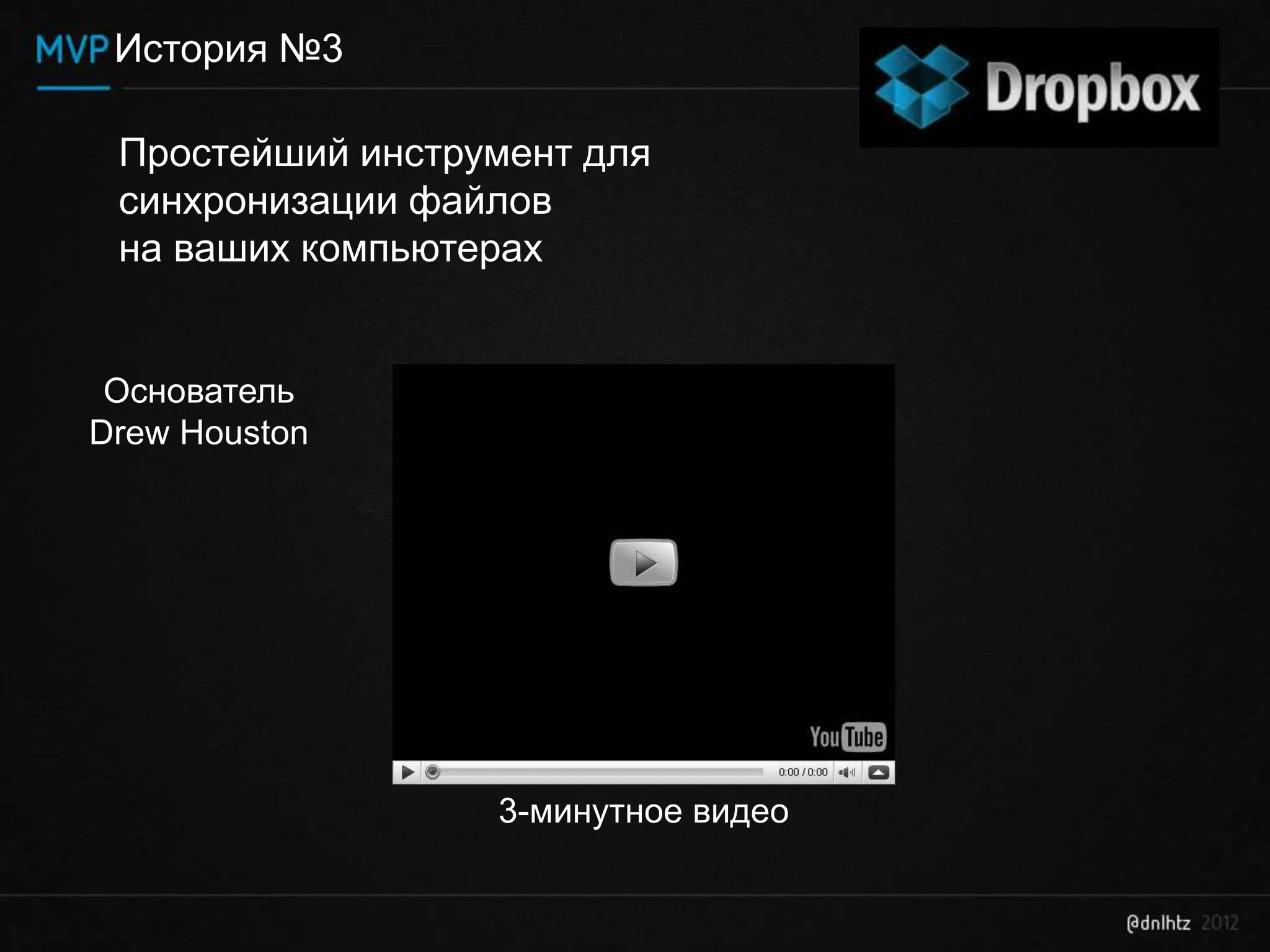 История №3

 Простейший инструмент для
 синхронизации файлов
 на ваших компьютерах


 Основатель
Drew Houston



                     ?
                  3-минутное видео
 
