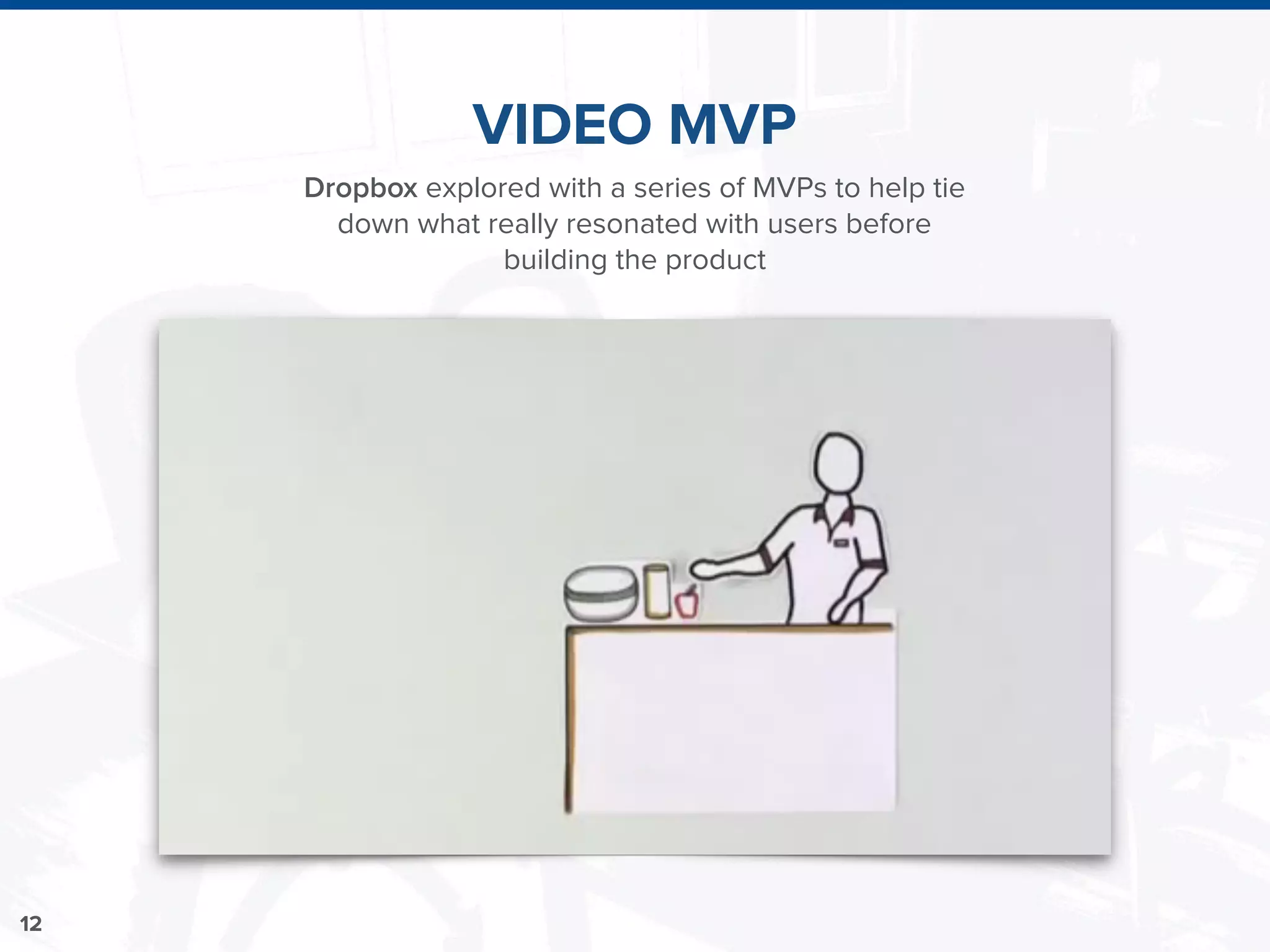 12
VIDEO MVP
Dropbox explored with a series of MVPs to help tie
down what really resonated with users before
building the product
 