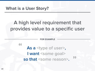 20
What is a User Story?
A high level requirement that
provides value to a speciﬁc user
As a <type of user>,
I want <some goal>
so that <some reason>.
“
”
FOR EXAMPLE
 