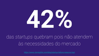 42%das startups quebram pois não atendem
às necessidades do mercado
https://www.cbinsights.com/blog/startup-failure-reasons-top/
 