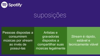 suposições
Pessoas dispostas a
consumirem
músicas por stream
ao invés de
possuí-las
Artistas e
gravadoras
dispostos a
compartilhar suas
músicas legalmente
Stream é rápido,
estável e
tecnicamente viável
 