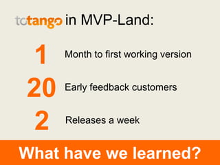 in MVP-Land:<br />1<br />Month to first working version<br />20<br />Early feedback customers<br />2<br />Releases a week<...