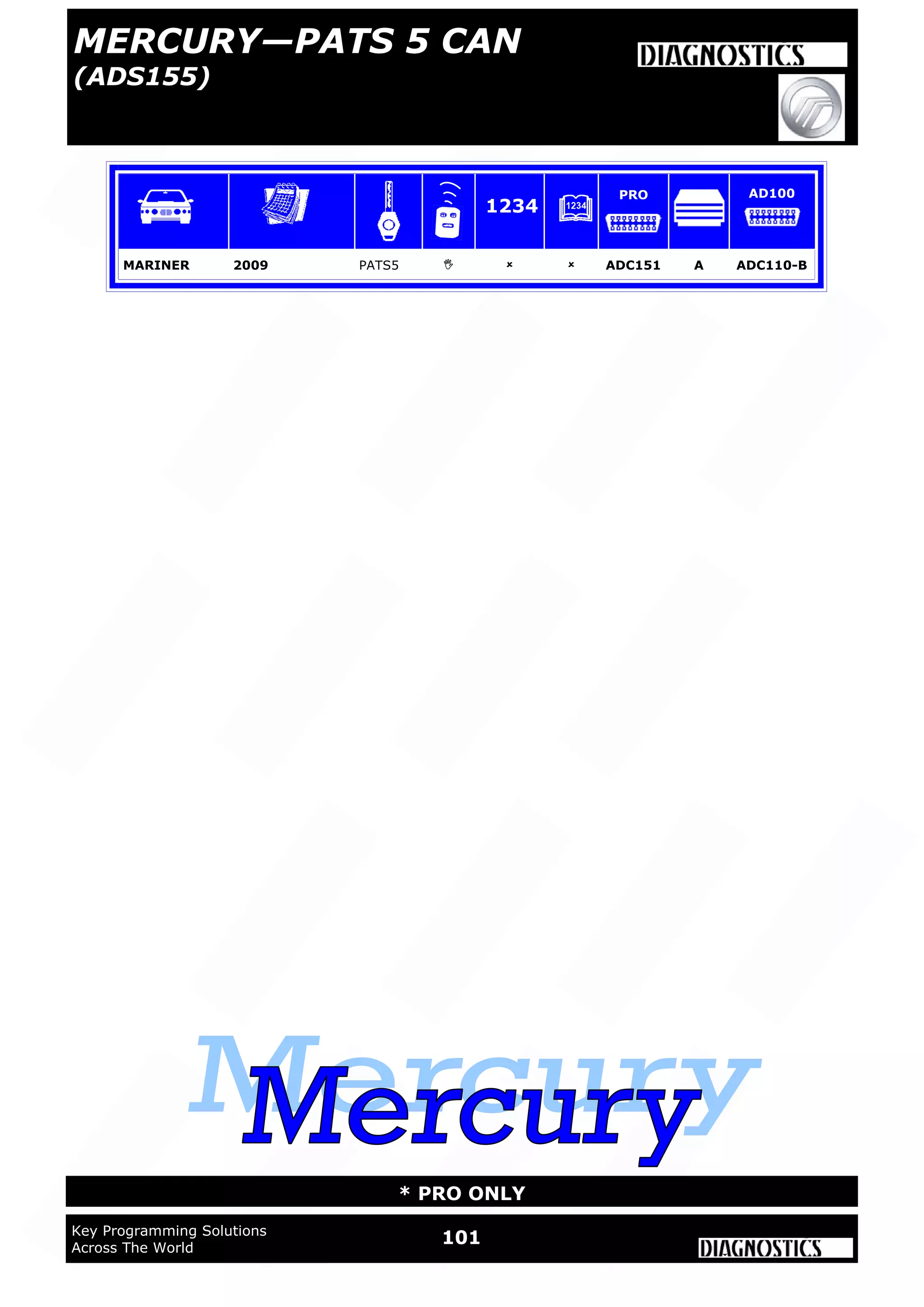 101Key Programming Solutions
Across The World
* PRO ONLY
MERCURY—PATS 5 CAN
(ADS155)
MARINER 2009 PATS5    ADC151 A ADC110-B
1234
PRO AD100
 