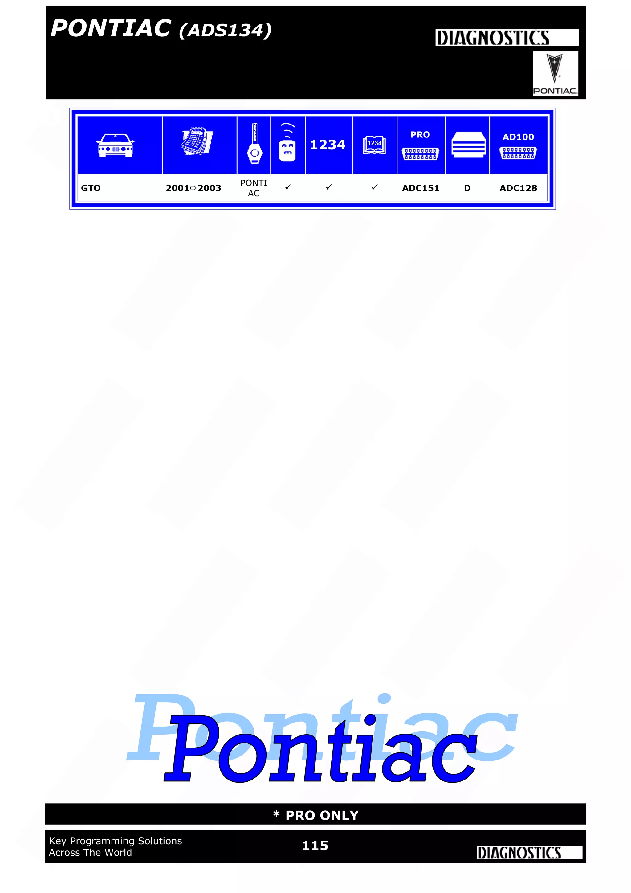 115Key Programming Solutions
Across The World
* PRO ONLY
PO
GTO 20012003
PONTI
AC
   ADC151 D ADC128
1234
PRO AD100
PONTIAC (ADS134)
 