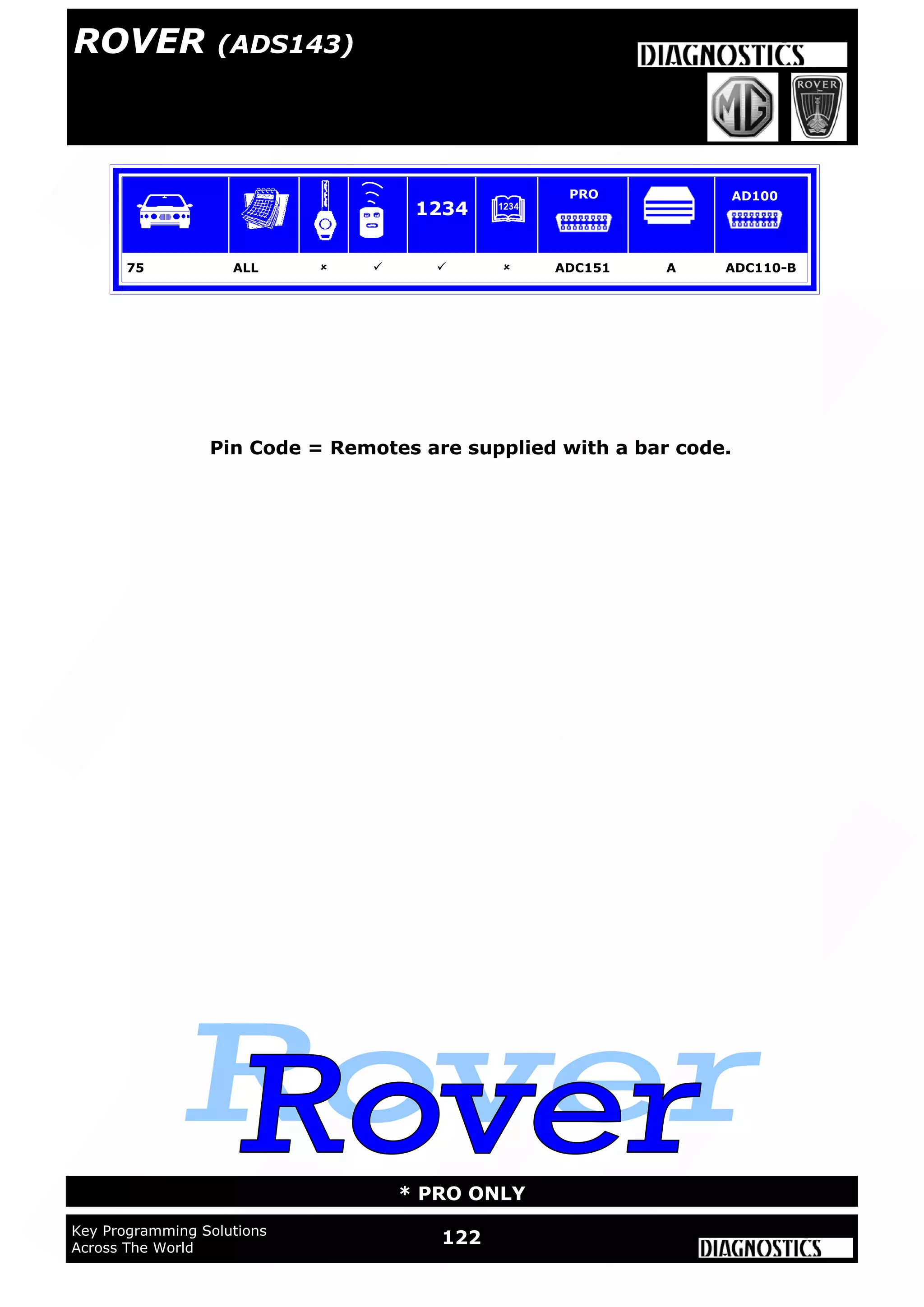 122Key Programming Solutions
Across The World
* PRO ONLY
1234 DTC
Pin Code = Remotes are supplied with a bar code.
75 ALL     ADC151 A ADC110-B
1234
PRO AD100
ROVER (ADS143)
 