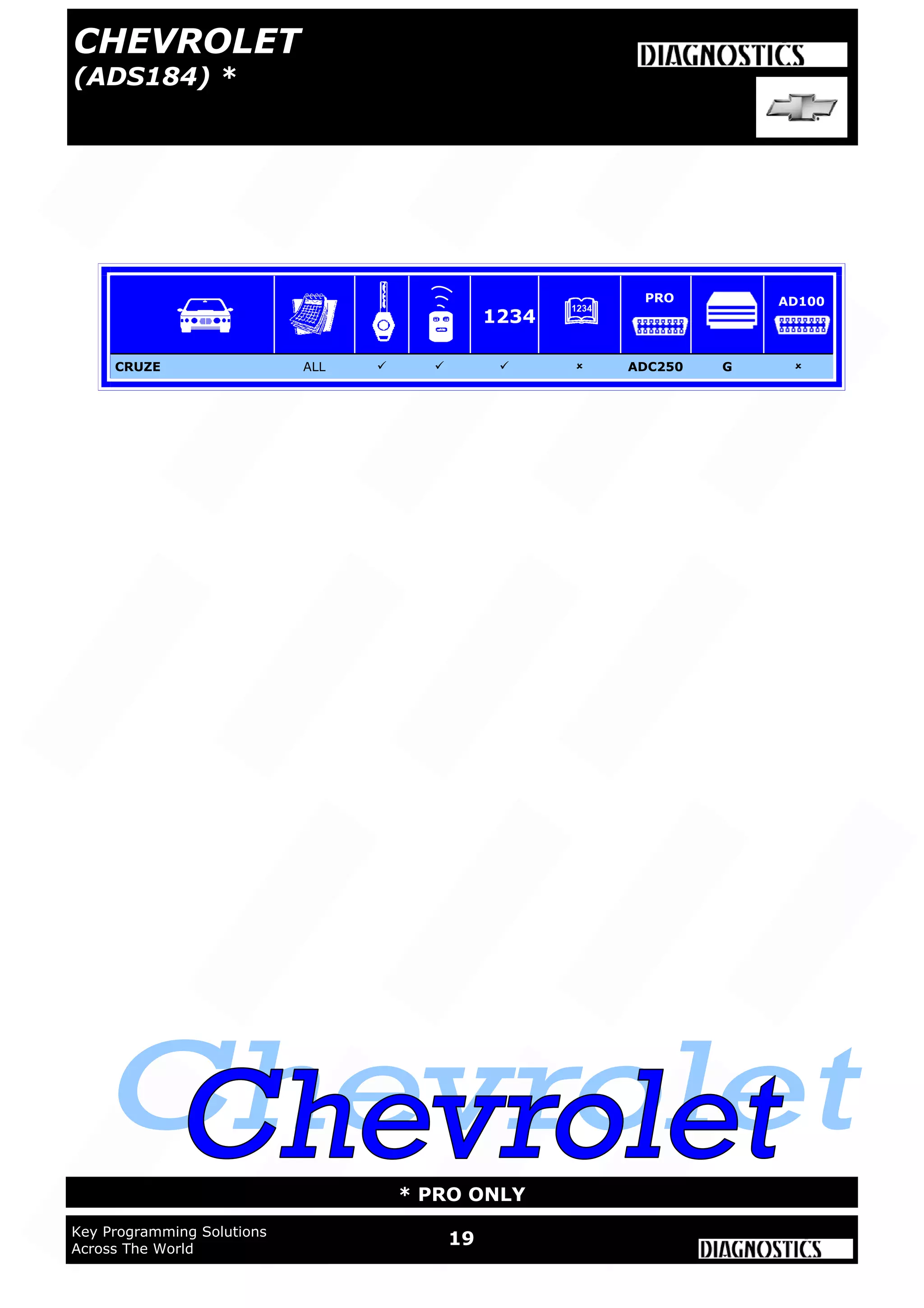 19Key Programming Solutions
Across The World
* PRO ONLY
CRUZE ALL     ADC250 G 
CHEVROLET
(ADS184) *
1234
PRO AD100
 