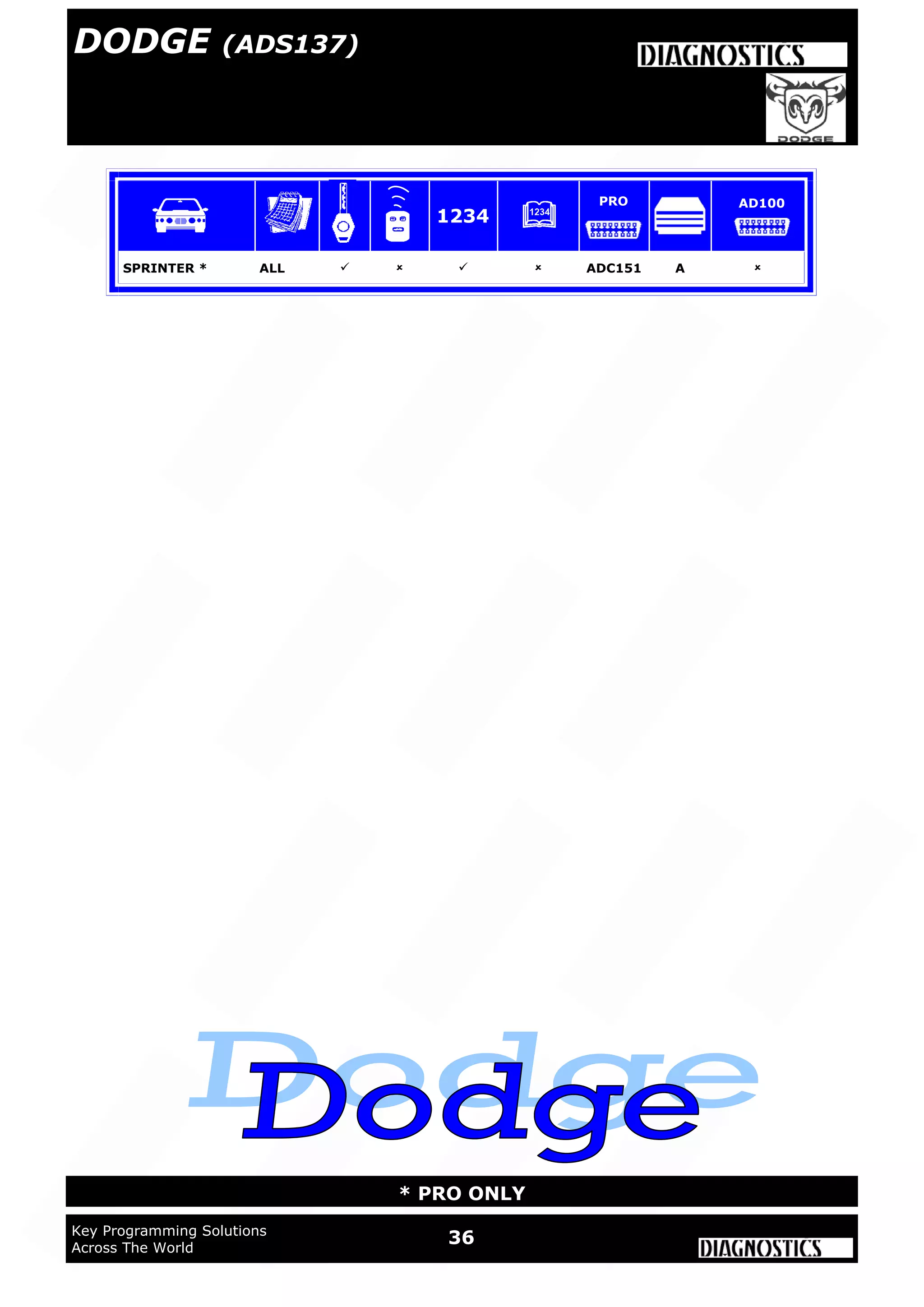 36Key Programming Solutions
Across The World
* PRO ONLY
SPRINTER * ALL     ADC151 A 
1234
PRO AD100
DODGE (ADS137)
 